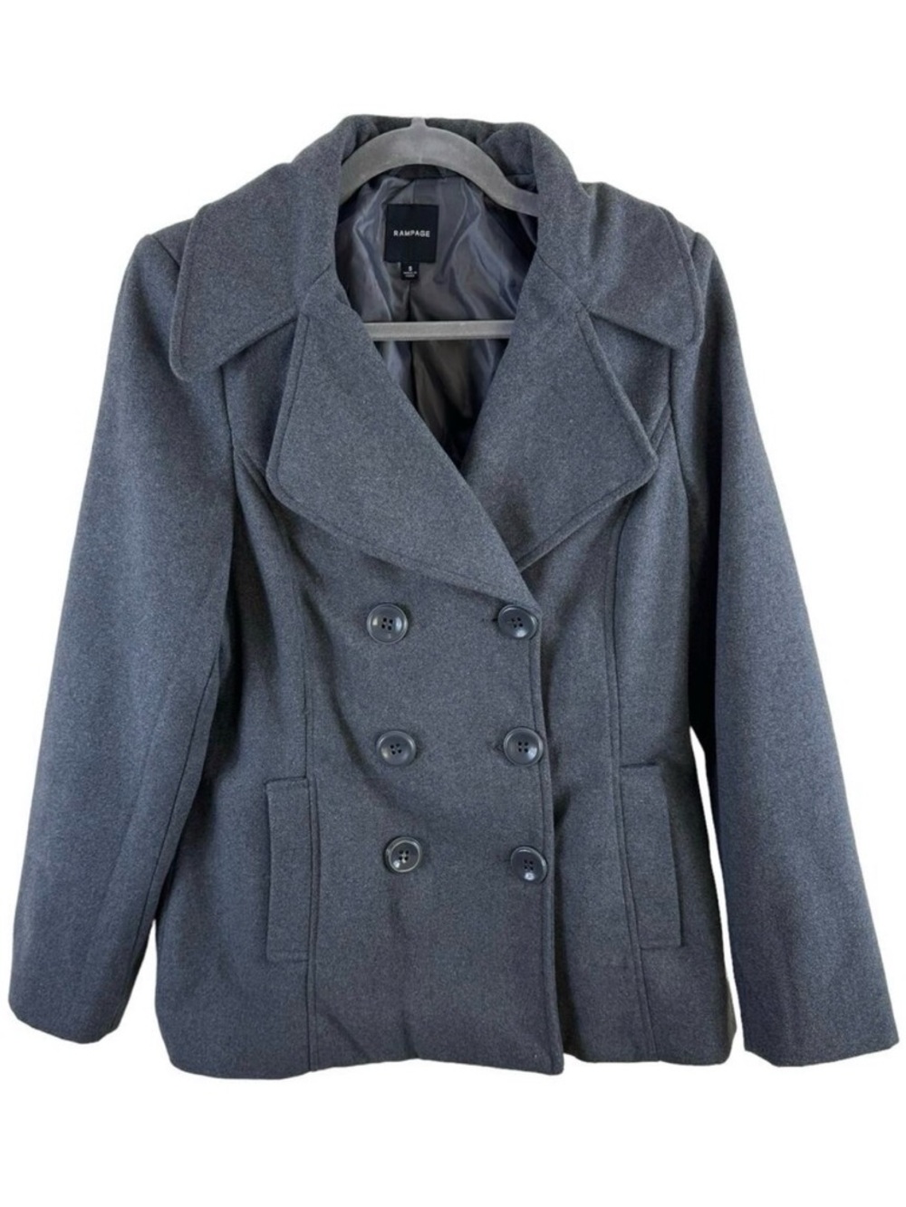 Rampage Gray Double Breasted Collared Button Up Lined Pea Coat Pockets Size S‎